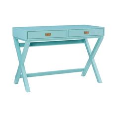 a blue desk with two drawers sitting on it's legs and one drawer open