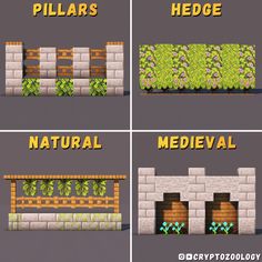 four different types of plants growing on the side of a building with text that reads pillars, hedges, and medieval