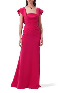 Sculptural draping shapes this sophisticated gown with a cowl that frames the neck and falls beautifully down the back, while further folds adorn the skirt. 63" length (size 4) Square cowl neck Partially lined Cap sleeves 92% polyester, 8% polyurethane Dry clean Made in Italy Designer Clothing Hispanic & Latinx Owned/Founded Fitted Evening Dress With Cape Sleeves For Gala, Pre-draped Evening Dress With Ruched Bodice, Fitted Gala Gown With Cape Sleeves, Formal Pre-draped Maxi Dress With Cowl Back, Fitted Gown With Cape Sleeves For Gala, Formal Draped Evening Dress With Pleated Bodice, Elegant Draped Gown With Pleated Bodice, Pre-draped Maxi Dress With Cowl Back For Gala, Formal Pre-draped Maxi Dress With Ruched Back