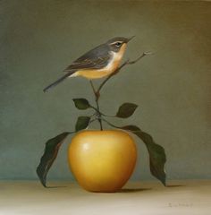 a painting of a bird sitting on top of an apple