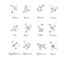 zodiac symbols are drawn in black ink on a white background, with the words written below them