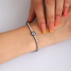 925K Sterling Silver Evil Eye Women Adjustable Bracelet,Silver Tennis Bracelet,Handmade Bracelet,Silver Good Luck Bracelet,Gift For Her W : 0,2" | L : 8,5" ● Our products are made of 925K sterling silver. ● All of them are designed with meticulous craftsmanship by jewelry masters and presented to your liking. ● The product has a special coating that preserves its color. However, in order to maintain its first-day appearance, it is recommended that you avoid contact with chemicals such as perfume Evil Eye Bracelet Silver, Silver Evil Eye Bracelet, Good Luck Bracelet, Bracelet Tennis, Silver Link Bracelet, Bracelet Women, Eye Bracelet, Fancy Jewelry, Evil Eye Bracelet