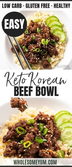 beef and rice bowl with chopsticks on the side, in front of it