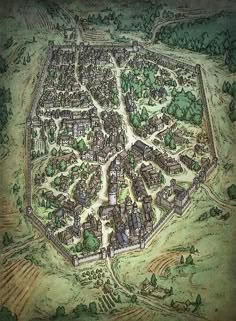 an old town map with lots of buildings and trees on the land in front of it