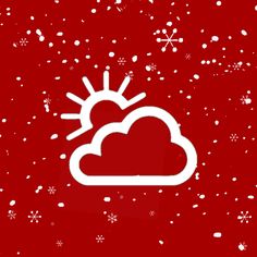 a red background with white snowflakes and a weather icon on it's left side