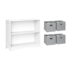 three white shelves with storage bins next to each other