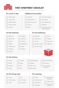 the first apartment checklist is shown in red and white, with instructions for each room