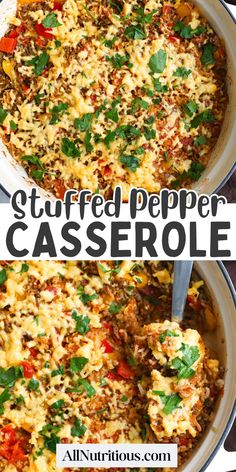 two pictures of stuffed pepper casserole in a pan with the title above it