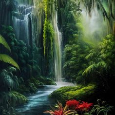 a painting of a waterfall in the jungle