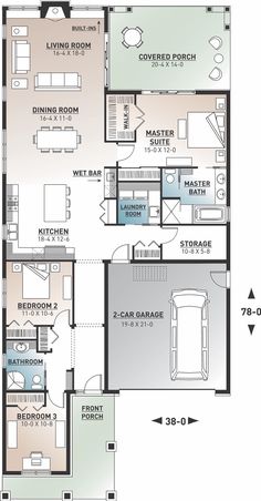 the floor plan for a two story house with an attached living room and kitchen area