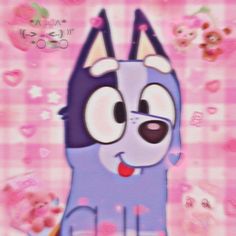 a cartoon dog with hearts on it's chest and nose is standing in front of a pink checkered background