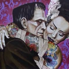 a painting of a man and woman embracing each other with tattoos on their chests