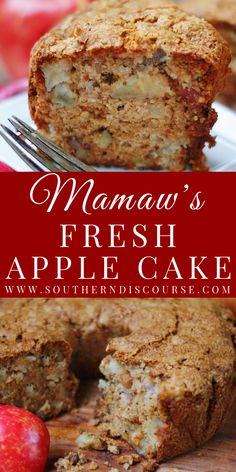 a close up of a piece of cake on a plate with an apple in the background