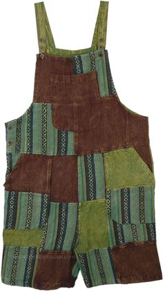 Handcrafted using cotton patchwork, this is a cotton romper with adjustable tank top straps.  It features two functional side pockets, a pocket on the bib, two back pockets, three wooden buttons each side on the straps for flexibility in length and side buttons for easy adjustment and comfort. #tlb #Sleeveless #Patchwork #JuniorPetite #Pocket #vacationclothing #bohemianfashion #patchworkjumpsuitincotton #greenpatchworkplaysuit #patchworkdungarees #hippiedungarees Brown Cotton Overalls With Pockets, Brown Cotton Overalls, Brown Cotton Summer Overalls, Brown Cotton Overalls For Summer, Cotton Overalls With Patch Pockets And Bib Front, Casual Sleeveless Patchwork Overalls, Cotton Shortalls With Side Pockets, Green Sleeveless Overalls With Pockets, Sleeveless Green Overalls With Pockets