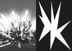 two black and white images one with an exploding star, the other with lightning bolts