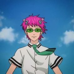 an anime character with pink hair and green glasses standing in front of a blue sky