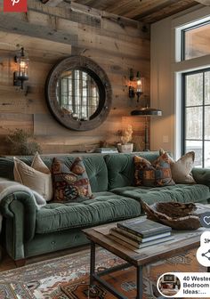 a living room filled with furniture and a large mirror on the wall above it's windows