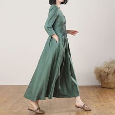 Linen Dress Green Linen Maxi Dress Casual Dress Fit & Flare - Etsy Green Fitted A-line Long Sleeve Dress, Casual Green A-line Midi Dress, Spring Green A-line Midi Dress, Green A-line Midi Dress For Spring, Green Pleated A-line Maxi Dress, Fitted Dark Green Casual Dress, Casual Fitted Dark Green Dress, Dark Green Fitted Casual Dress, Dark Green Long Sleeve Midi Dress For Spring