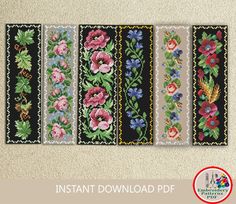 four cross stitch bookmarks with flowers and leaves on them, all in different colors