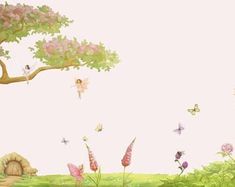 a fairy scene with pink flowers and butterflies