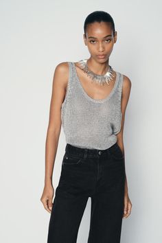 SIMPLE METALLIC KNIT TOP - Silver | ZARA United States Zara Knitwear, Chic Cardigan, Metallic Knit, Waistcoat Dress, Silver Top, Straight Cut Jeans, Scarf Top, Cardigan Sweater Jacket, Wishing Well