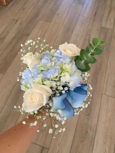 Blue bouquet of flowers for hoco or weddings. Hydrangea Prom Bouquet, Prom Bouquet Light Blue, Baby Blue Prom Bouquet, Prom Flowers Bouquet Blue Dress, Mini Prom Bouquet, Flowers For Hoco, Blue Prom Bouquet, Blue Prom Flowers, Hoco Boquets