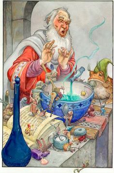 an image of a wizard pouring liquid into a bowl with other items around him on the table