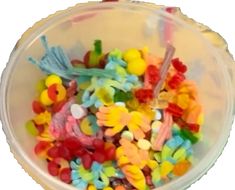 a plastic bowl filled with lots of gummy bears