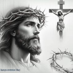 a black and white drawing of jesus on the cross with a crown of thorns