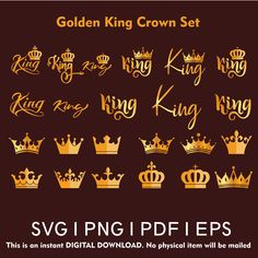 the golden king crown set is shown with different font styles and colors, including gold crowns