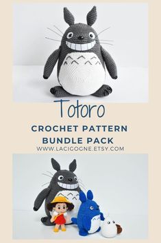 the crochet pattern for totoro and other stuffed animals is shown in three different sizes