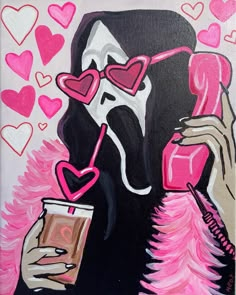 a painting of a woman holding a drink and talking on a cell phone with hearts all over her face