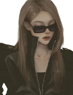 a drawing of a woman wearing sunglasses and a black jacket with chains on her neck