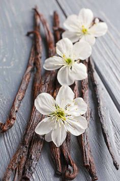 vanilla sticks with white flowers on them sitting on a wooden table next to some cinnamon sticks