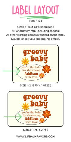 two labels with flowers and the words grooy hap on them, labeled label layout