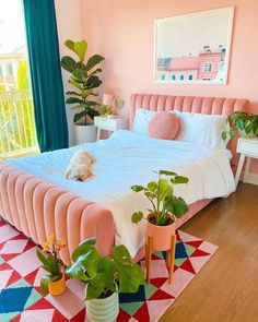 a bedroom with pink and blue walls, potted plants on the side of the bed