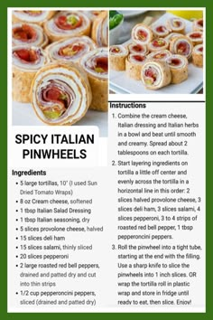 the recipe for spicy italian pinwheels is shown in this brochure, which includes