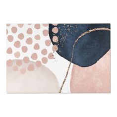 a pink and blue abstract painting with gold dots on the bottom, in front of a white background