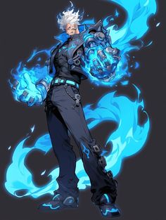 an anime character holding a blue flame in his right hand and looking at the camera