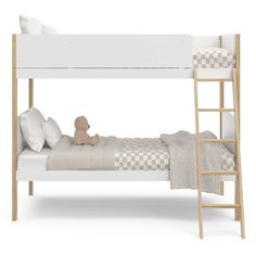 a white bunk bed with a teddy bear sitting on it's bottom and side