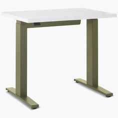 a desk with a wooden top and metal legs in front of a white background,