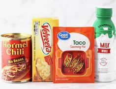 three different types of food are on the counter next to each other, including noodles and soup