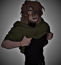 a drawing of a man with long hair and green eyes, wearing a hoodie