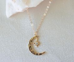 ∙ ∙ C R E S C E N T ∙ S H I N E ∙ N E C K L A C E ∙ ∙ Made with the following: Gold Plated Crescent Moon Pendant 16mm x 23mm Gold Plated Star Pendant 12mm 14K Gold Filled Findings 14K Gold Filled Spring Clasp 14K Gold Filled Chain This listing is for one necklace. ∙ ∙ H O W ∙ T O ∙ O R D E R ∙ ∙ Please select the chain and length from the drop-down menu. Please select if you would like a 2-inch extender chain from the drop-down menu. The 2-inch extender gives you the flexibility to wear the neck Dainty Moon Necklace, Silver Diamond Bracelet, Crescent Necklace, Fairy Jewelry, Gold Vermeil Jewelry, Crescent Moon Pendant, Magical Jewelry, Jewelry Accessories Ideas, Girly Accessories