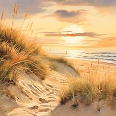 a painting of sand dunes and grass on the beach