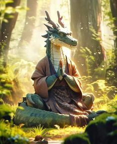 a dragon statue sitting on top of a lush green forest