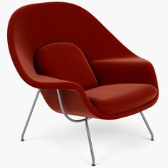 a red chair with metal legs on a white background, it appears to be in the shape of an egg