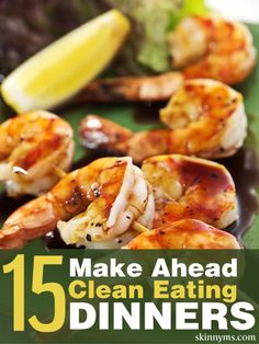 the cover of make ahead clean eating dinners, with shrimp and lemons on it