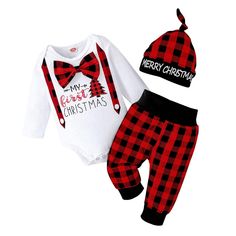 PRICES MAY VARY. 🎅Superior Cotton Material: Christmas Baby boy outfits made of 95% Cotton, 5% Spandex, soft, comfortable, breathable, skin-friendly cotton fabric for baby's skin. Christmas Baby boy pants set with fashionable hat. You can wash it by hand or machine, and it won't be deformed after machine washing. Machine washable, no shrink, no pilling. 🎅Unique Design: Baby boy Christmas outfits with adorable letter and patten design,super cute and funny print " My first Christmas " design, wit Fitted Cotton Sets For Gifts, Fitted Cotton Christmas Sets, Boy Christmas Outfits, Patten Design, Christmas Pants, Red Plaid Pants, Baby Boy Christmas Outfit, My 1st Christmas, Waistband Design