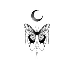 a black and white drawing of a butterfly with a crescent on its back, sitting in front of the moon